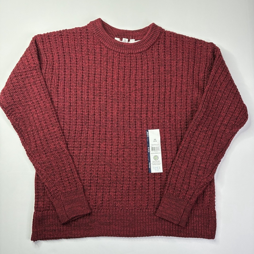 Time and Tru Womens Textured Pullover Sweater Sz XS (0-2) Burgundy Crew Neck NWT